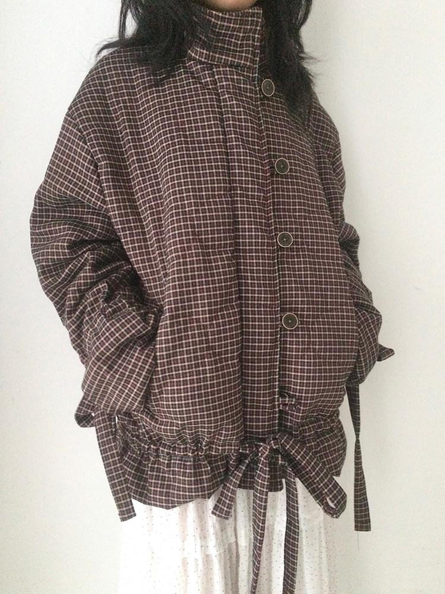 SicAstra Vintage Small Check Stand Collar Drawstring Women&