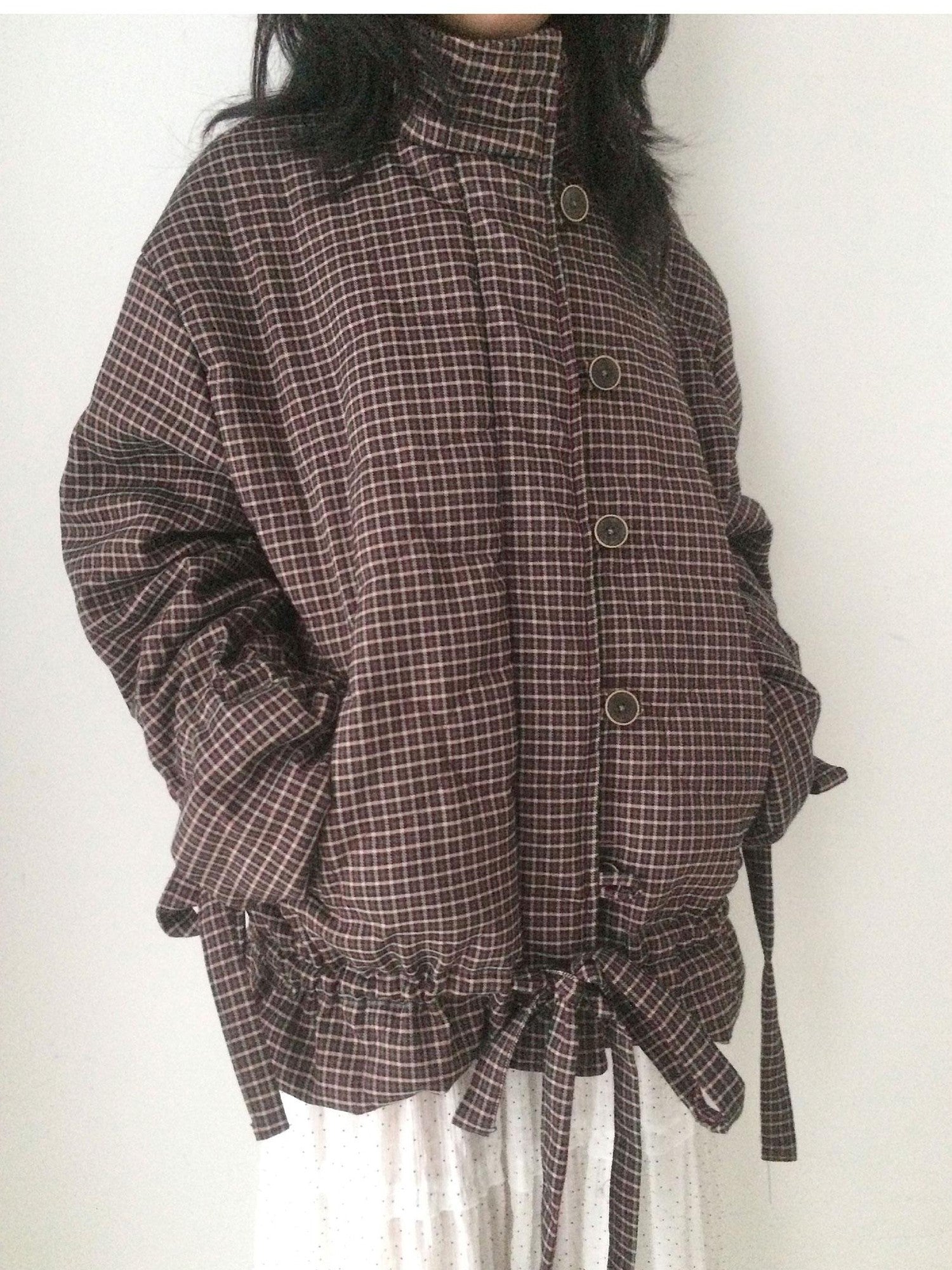 SicAstra Vintage Small Check Stand Collar Drawstring Women&