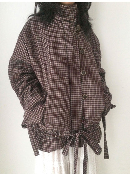 SicAstra Vintage Small Check Stand Collar Drawstring Women&