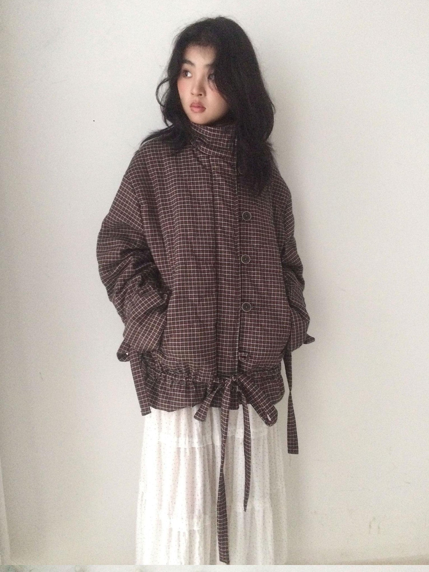 SicAstra Vintage Small Check Stand Collar Drawstring Women&