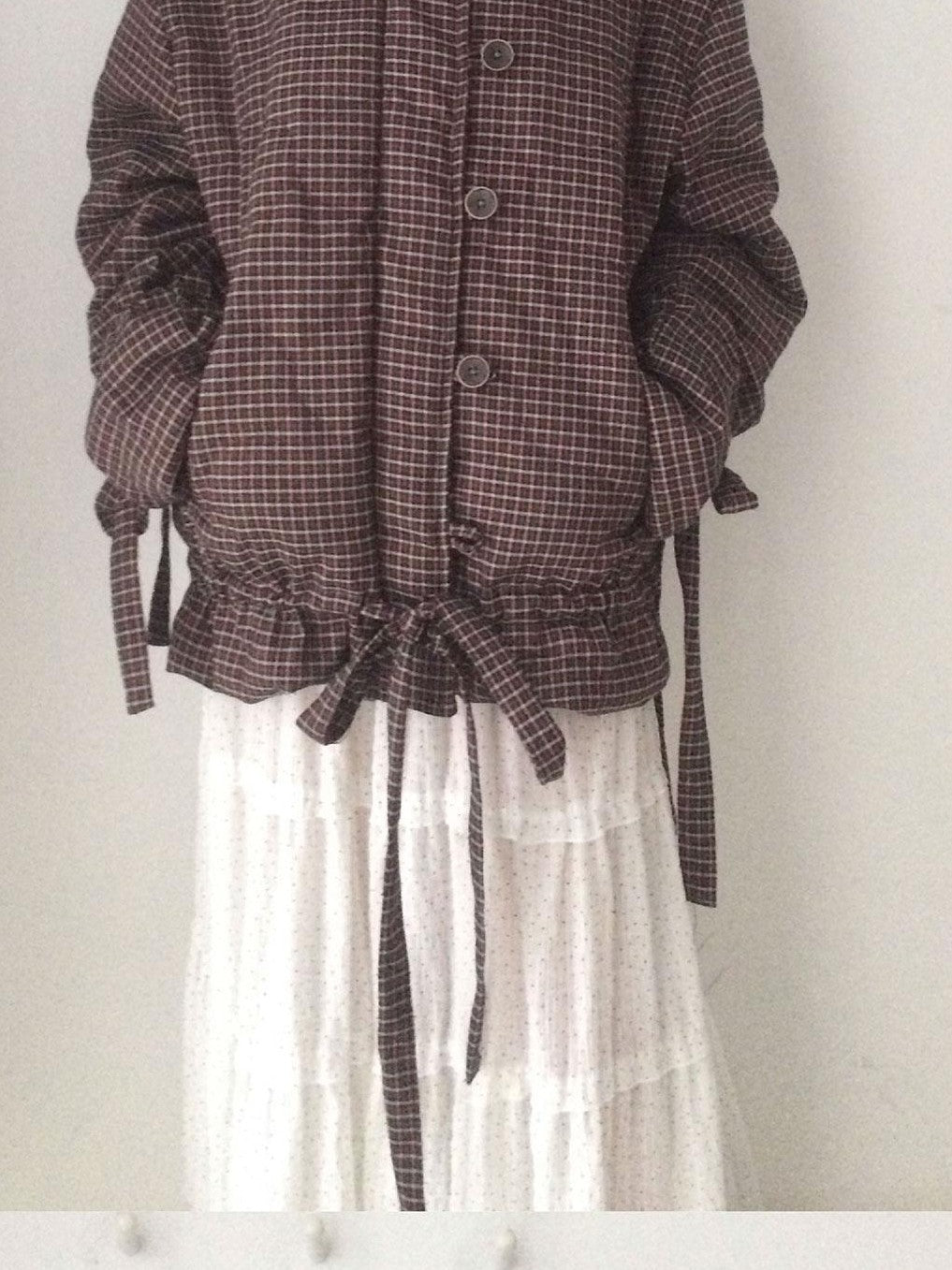 SicAstra Vintage Small Check Stand Collar Drawstring Women&