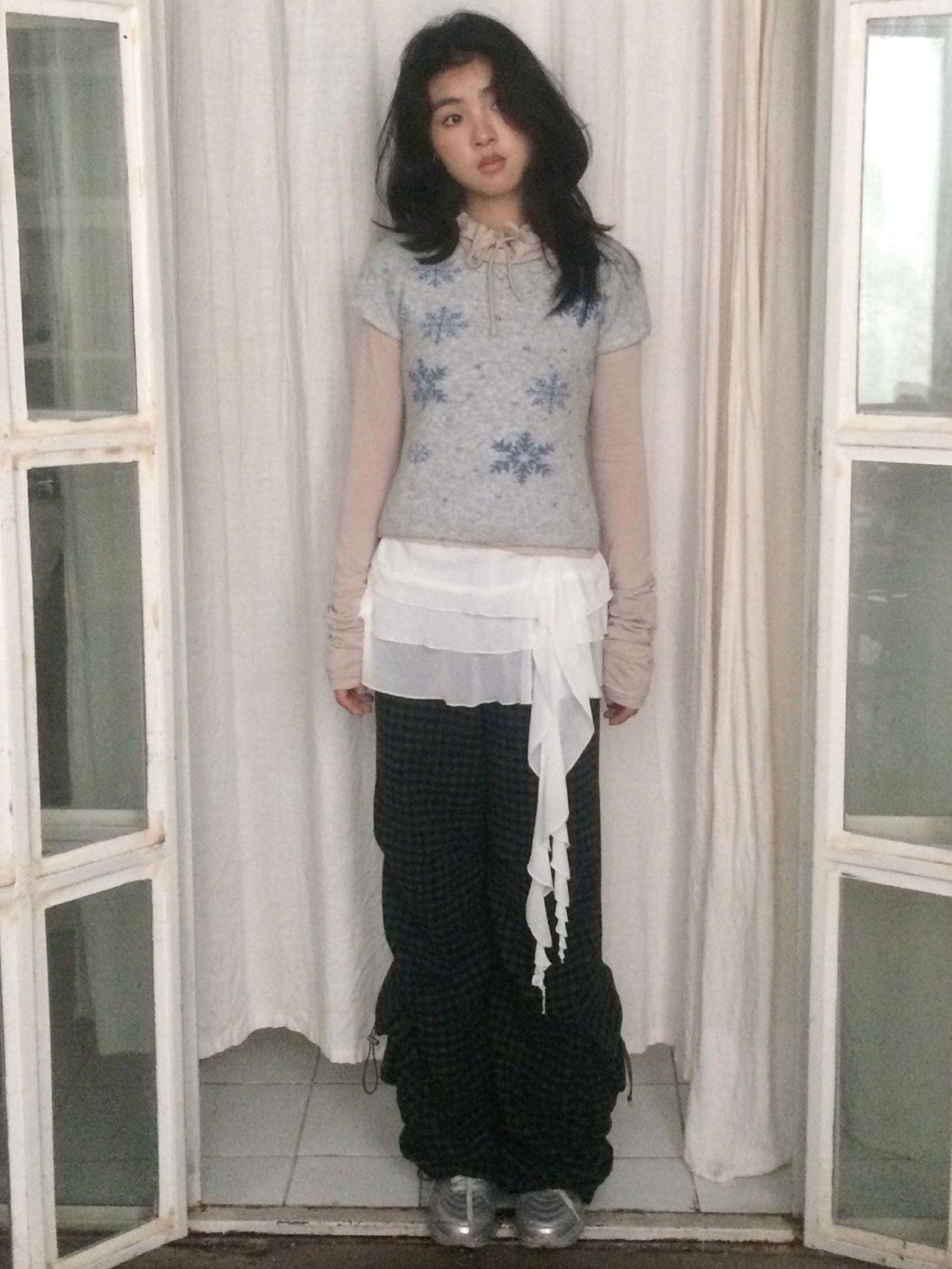 SicAstra White Sheer Layered Ruffle Tie Waist Overlay Women&