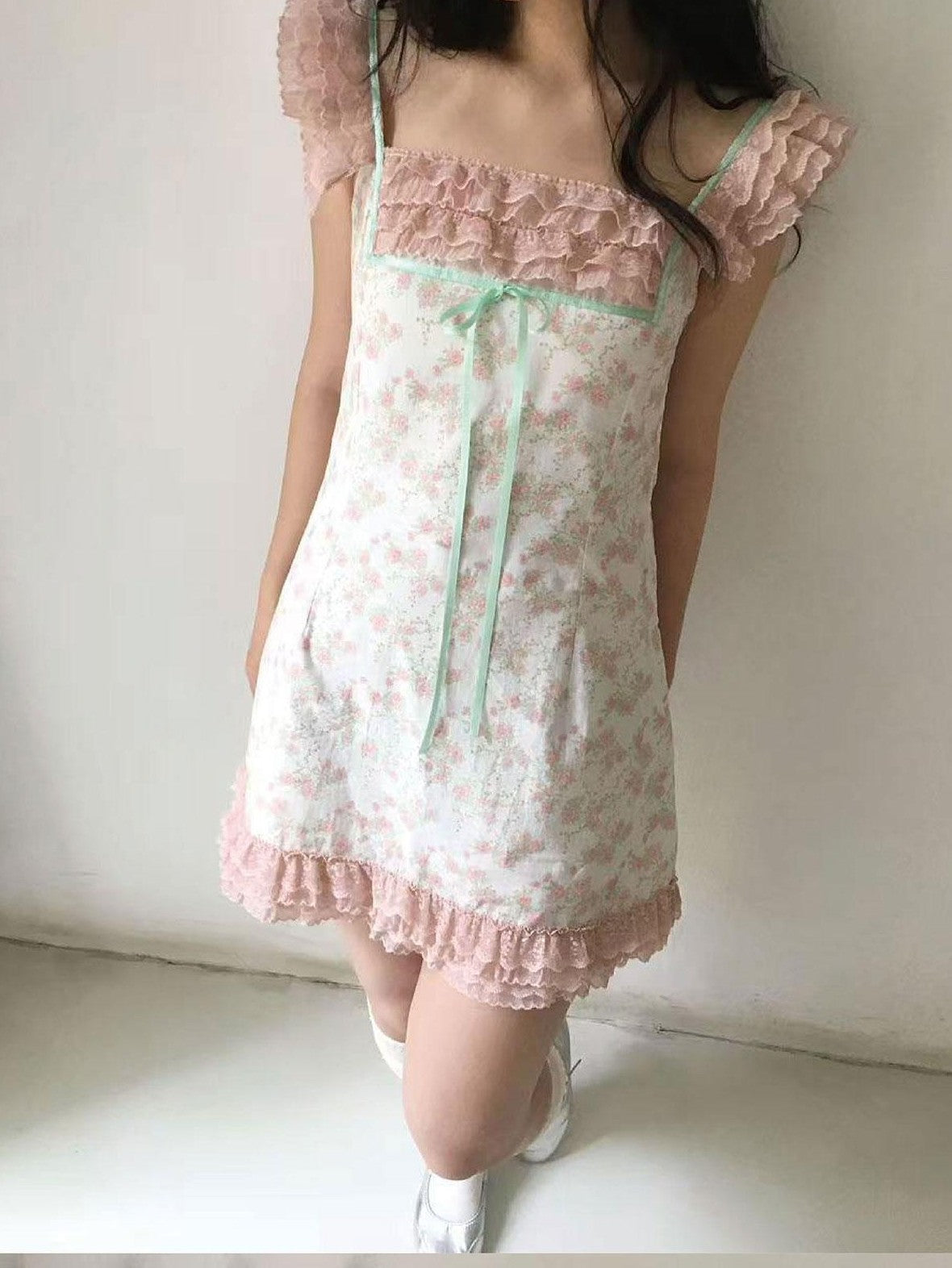 SicAstra Woodland Floral Flutter Sleeve Lace Trim Tie Waist Women&