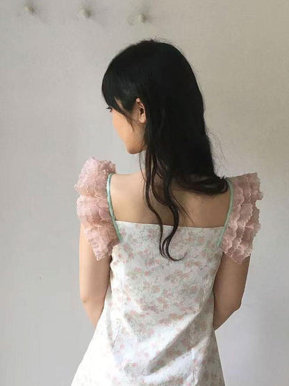 SicAstra Woodland Floral Flutter Sleeve Lace Trim Tie Waist Women&