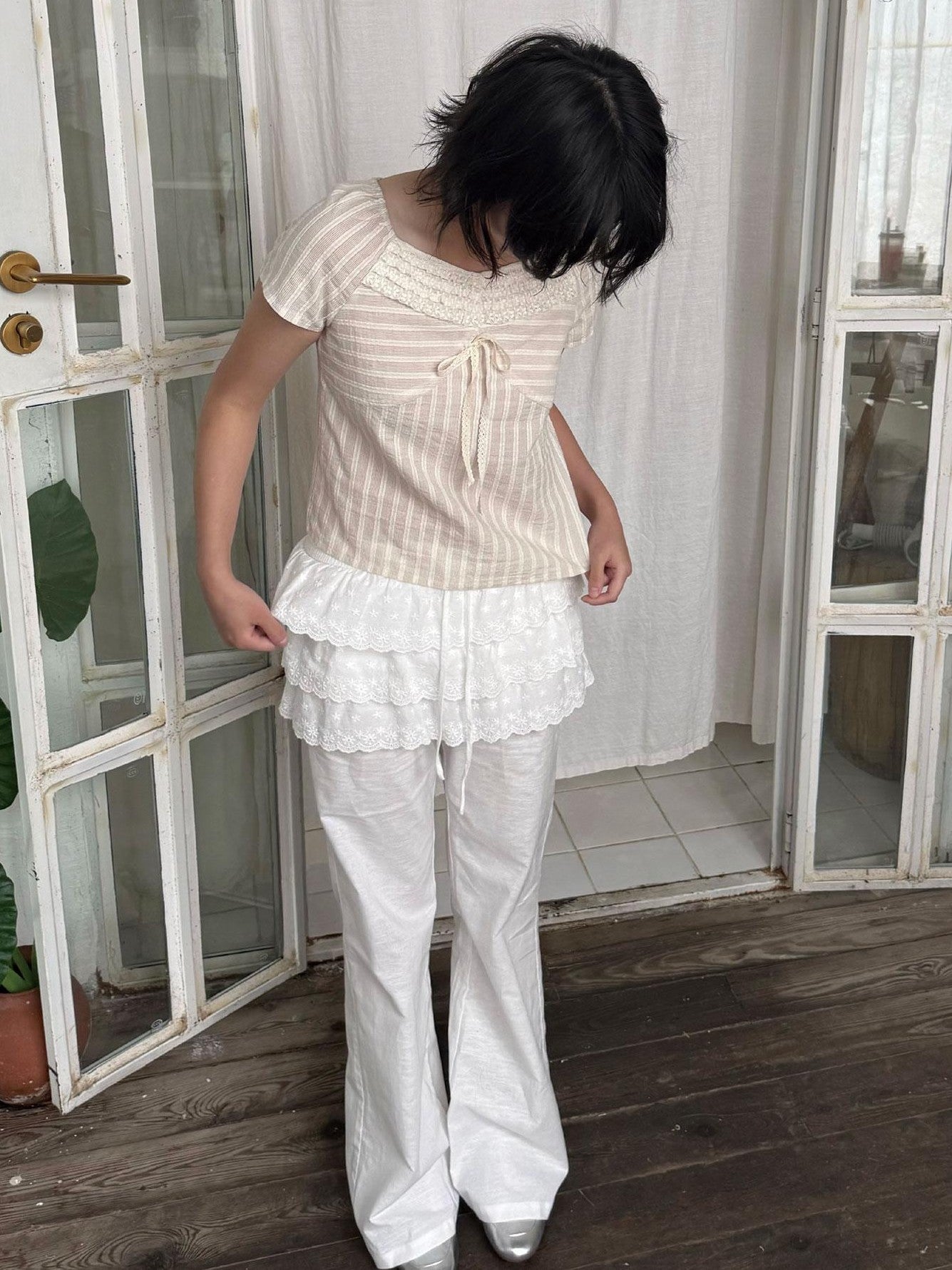 SicAstra Woodland Lace Patchwork Drawstring Slight Flare Women&