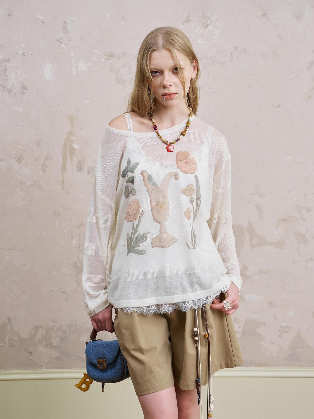 DIDDI MODA Silk Bird Vase Knit Sheer Top