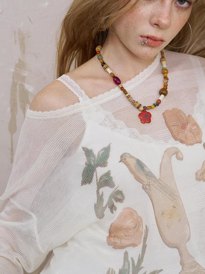 DIDDI MODA Silk Bird Vase Knit Sheer Top