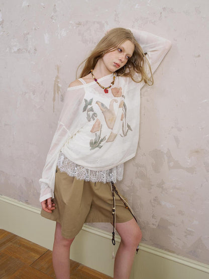 DIDDI MODA Silk Bird Vase Knit Sheer Top