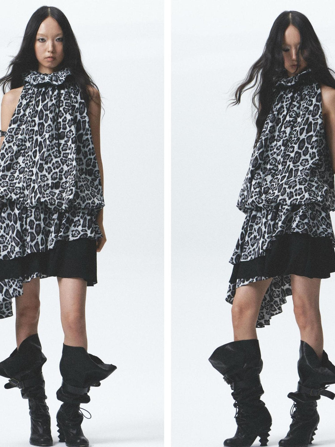 NONAME SPACE Silk Leopard Asymmetrical Hem Wrap Neck Dress With Belt