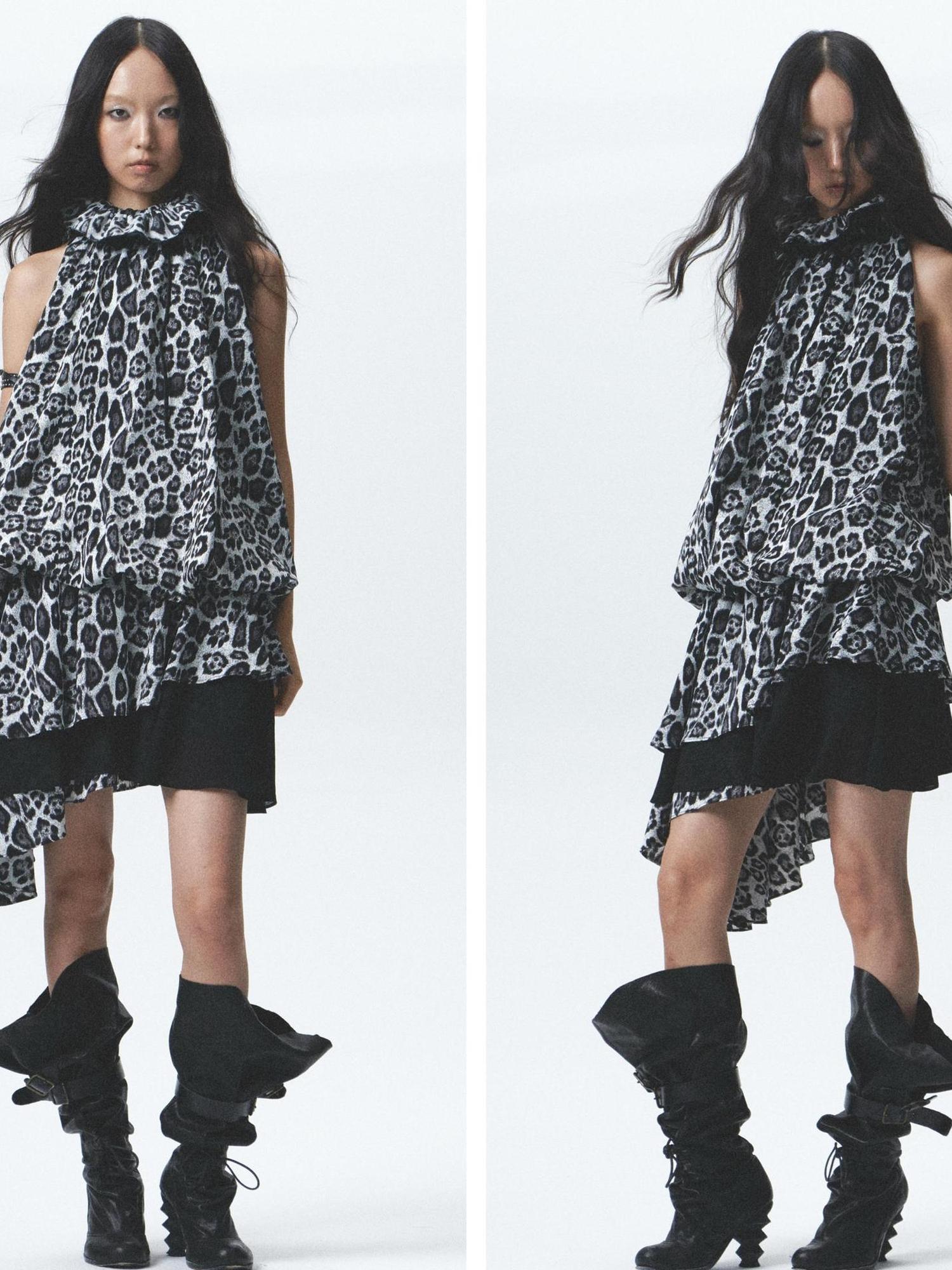 NONAME SPACE Silk Leopard Asymmetrical Hem Wrap Neck Dress With Belt