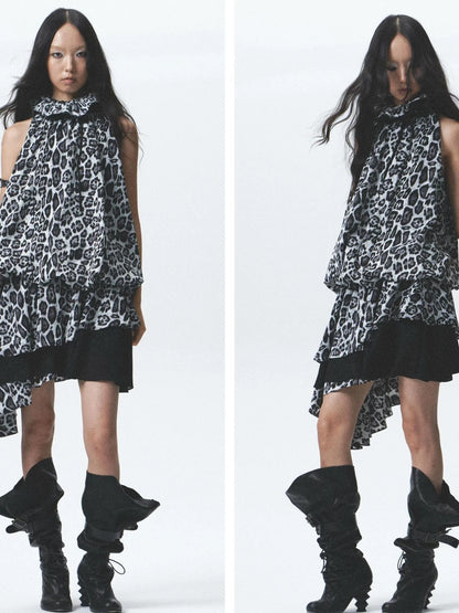 Silk Leopard Asymmetrical Hem Wrap Neck Dress With Belt