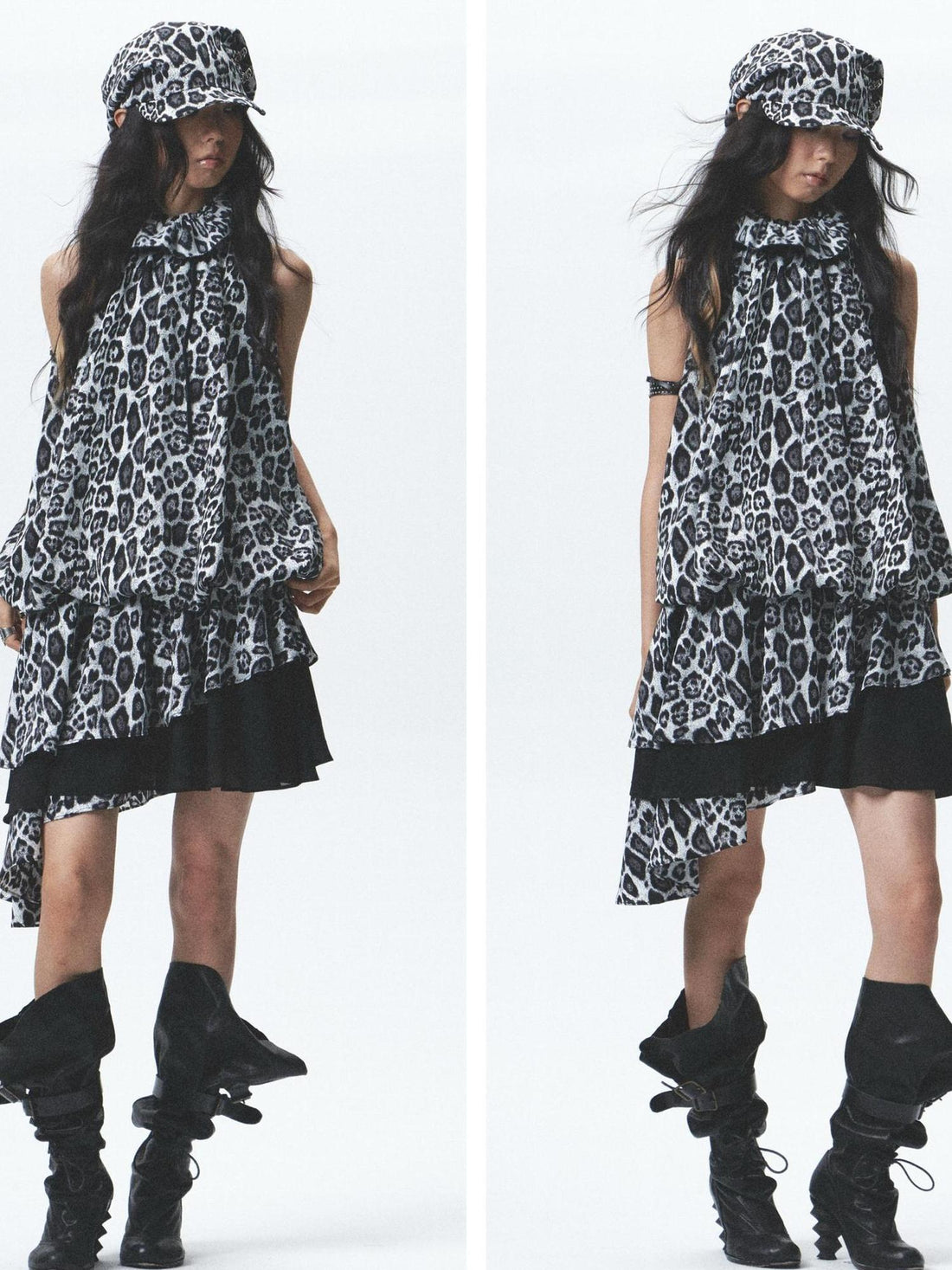 NONAME SPACE Silk Leopard Asymmetrical Hem Wrap Neck Dress With Belt