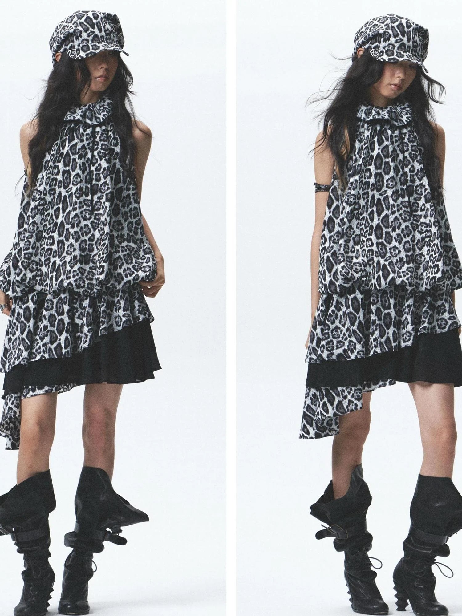 Silk Leopard Asymmetrical Hem Wrap Neck Dress With Belt