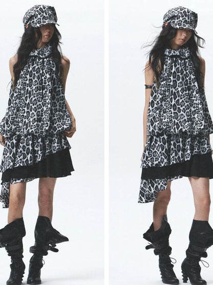 Silk Leopard Asymmetrical Hem Wrap Neck Dress With Belt