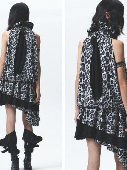 NONAME SPACE Silk Leopard Asymmetrical Hem Wrap Neck Dress With Belt