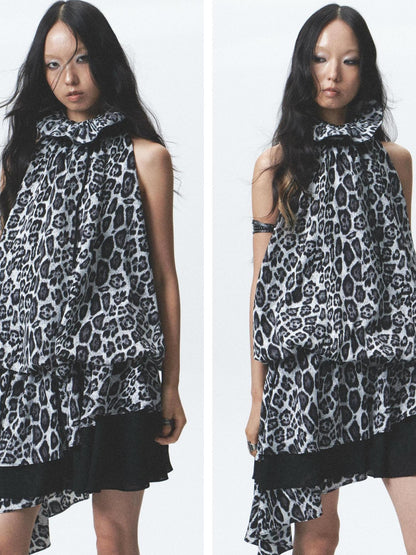 NONAME SPACE Silk Leopard Asymmetrical Hem Wrap Neck Dress With Belt