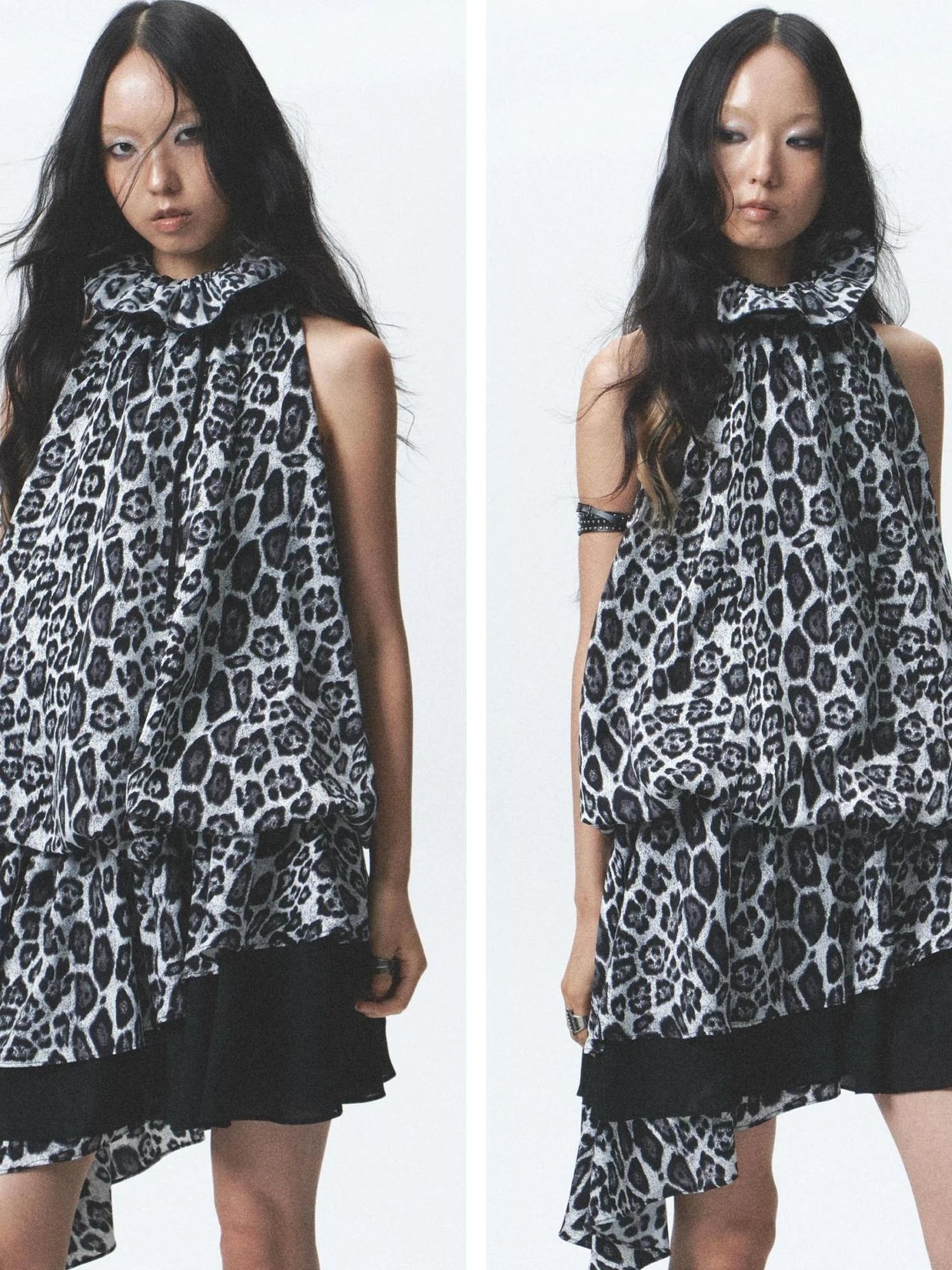 Silk Leopard Asymmetrical Hem Wrap Neck Dress With Belt