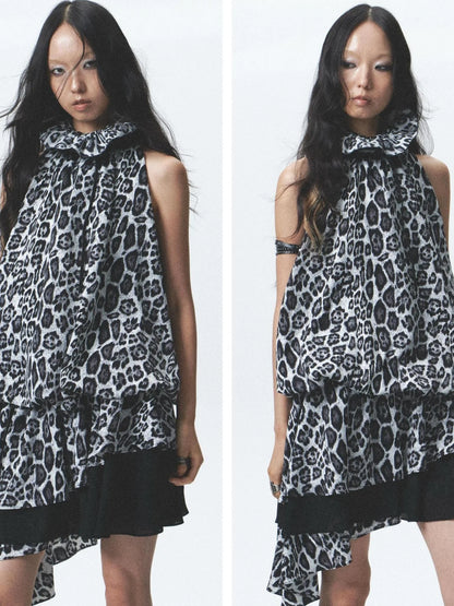Silk Leopard Asymmetrical Hem Wrap Neck Dress With Belt