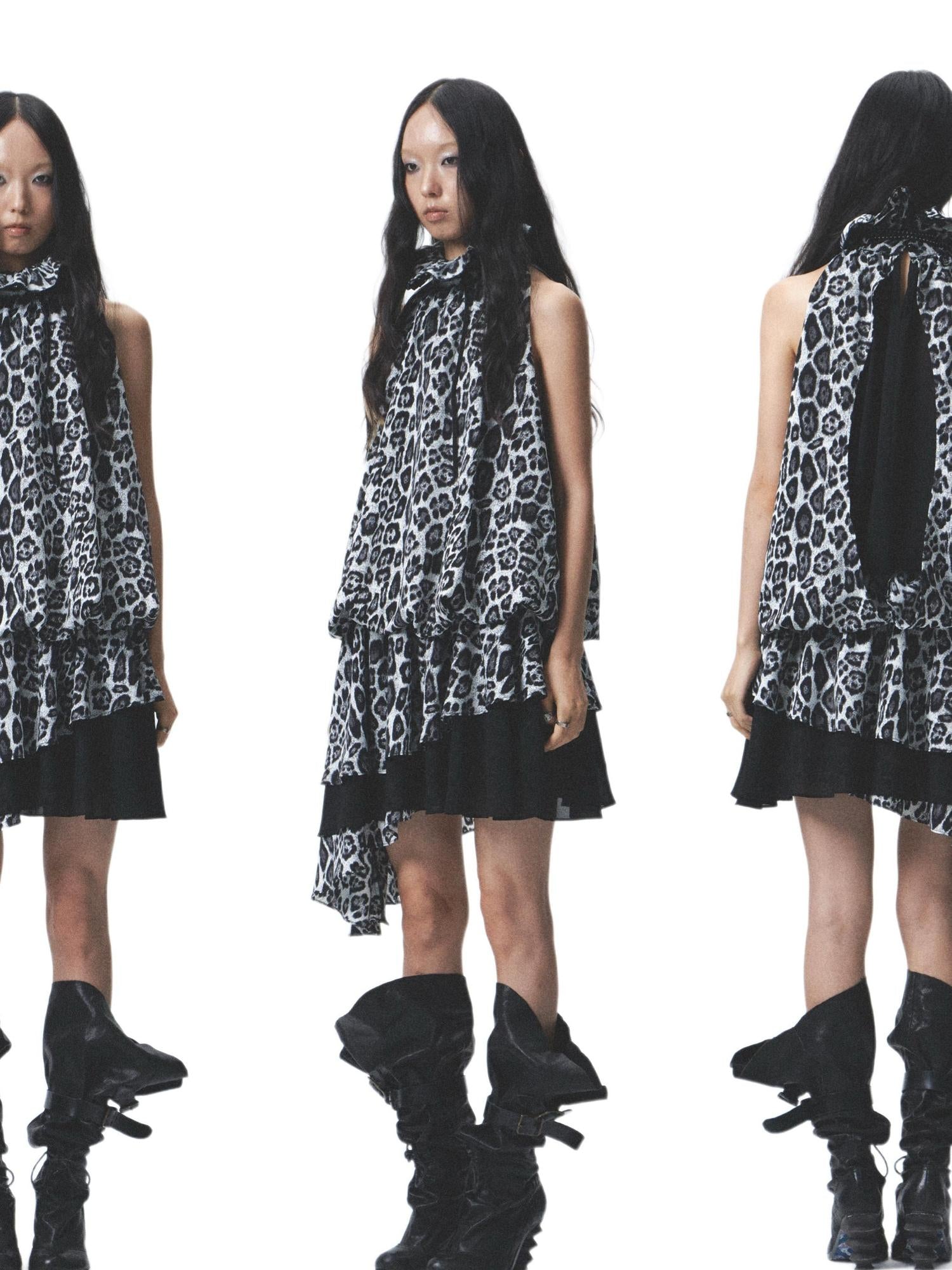 NONAME SPACE Silk Leopard Asymmetrical Hem Wrap Neck Dress With Belt