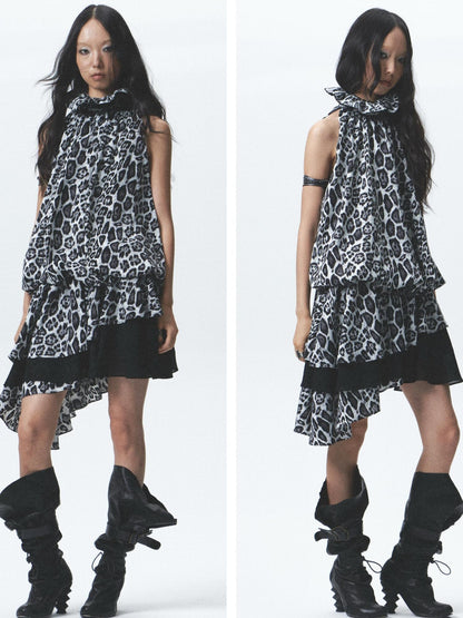 NONAME SPACE Silk Leopard Asymmetrical Hem Wrap Neck Dress With Belt