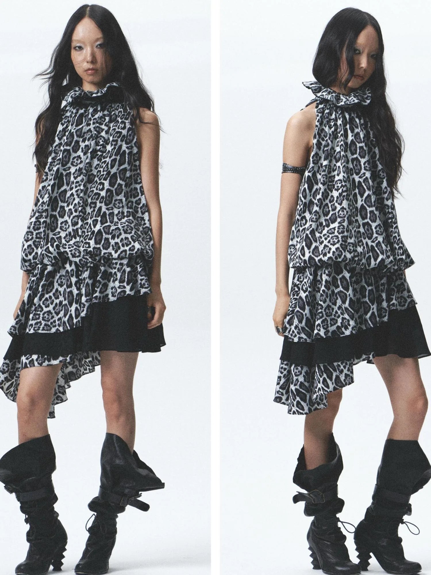 Silk Leopard Asymmetrical Hem Wrap Neck Dress With Belt