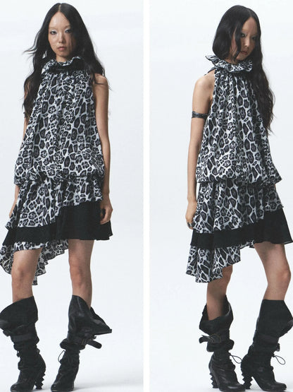 Silk Leopard Asymmetrical Hem Wrap Neck Dress With Belt