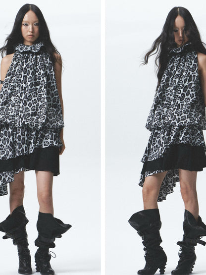 NONAME SPACE Silk Leopard Asymmetrical Hem Wrap Neck Dress With Belt