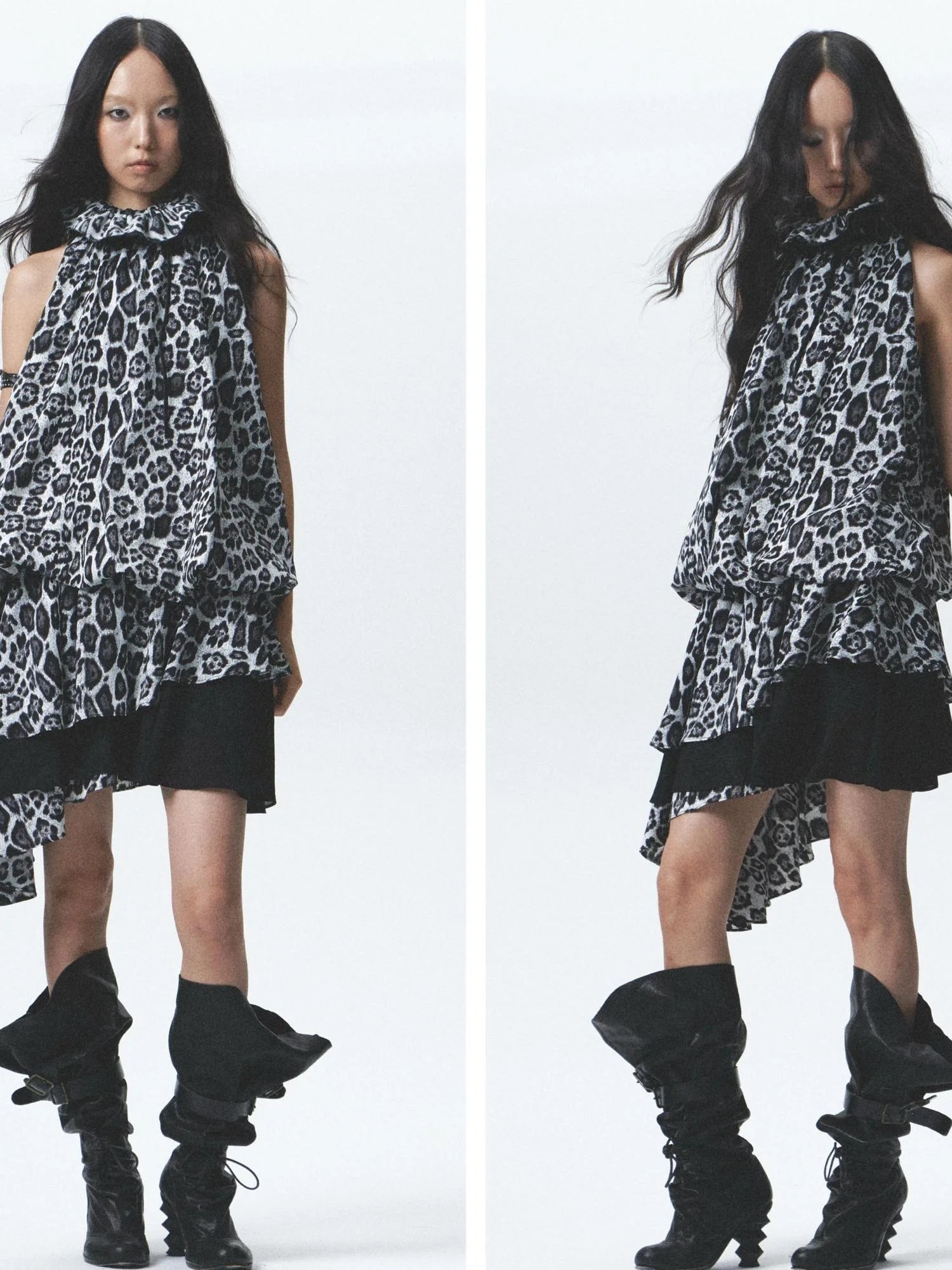 Silk Leopard Asymmetrical Hem Wrap Neck Dress With Belt