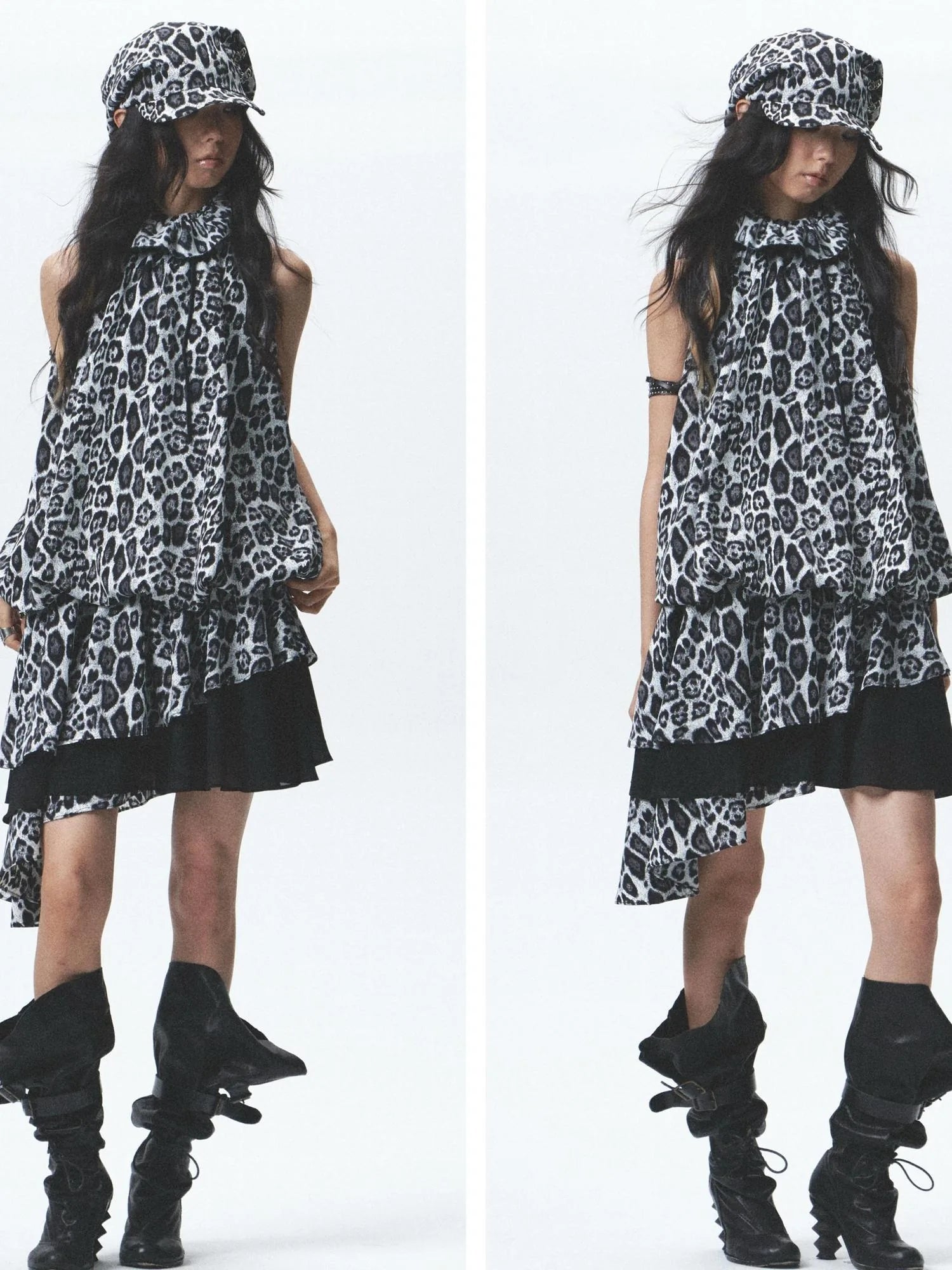 Silk Leopard Asymmetrical Hem Wrap Neck Dress With Belt