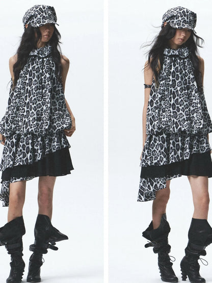 Silk Leopard Asymmetrical Hem Wrap Neck Dress With Belt