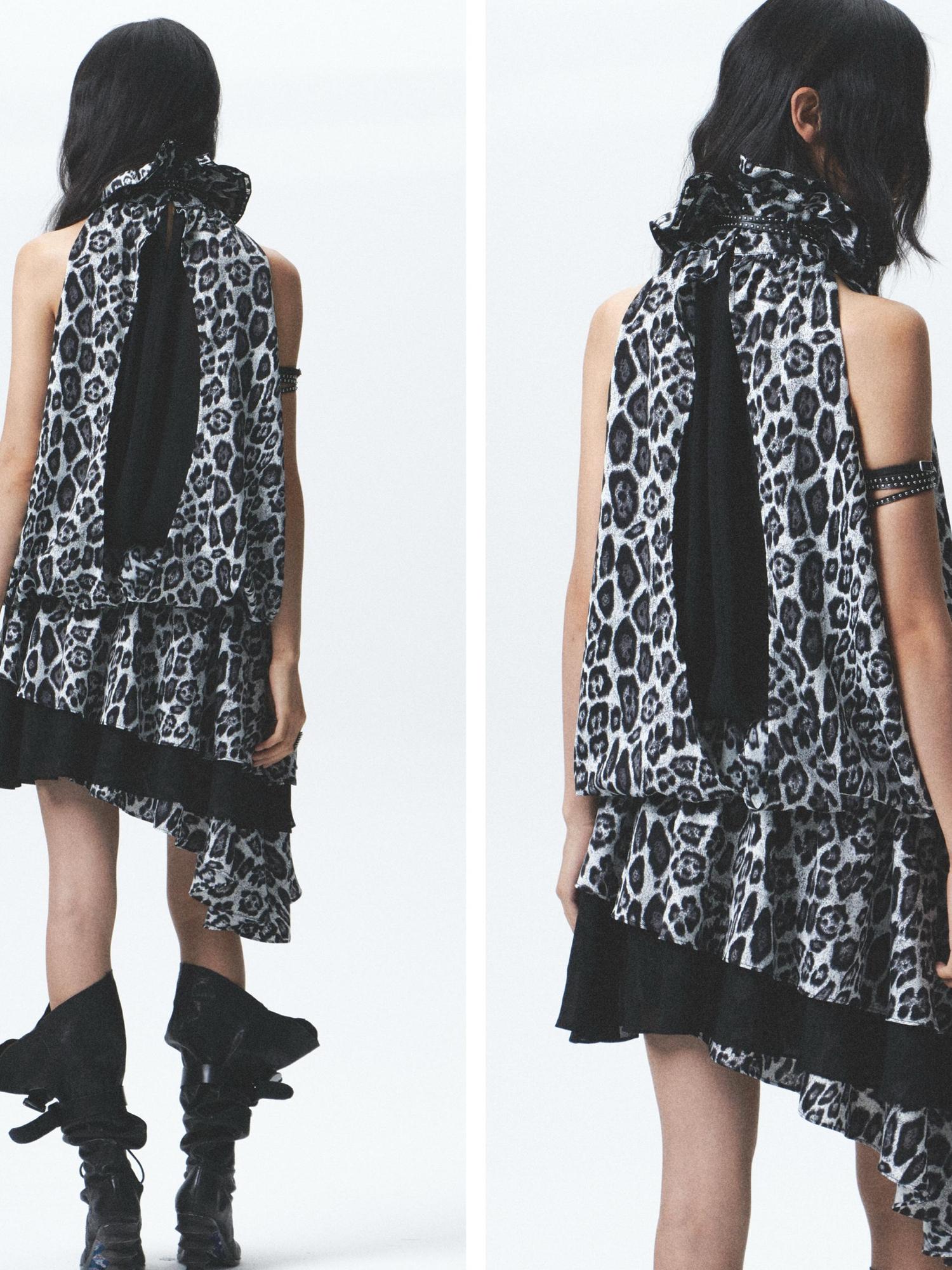NONAME SPACE Silk Leopard Asymmetrical Hem Wrap Neck Dress With Belt