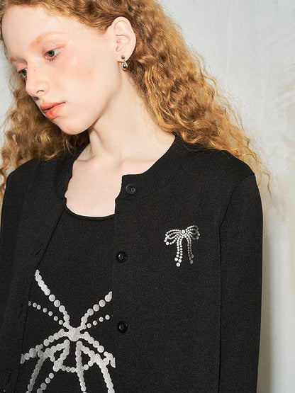DIDDI MODA Silver Bow Slim Knit Cardigan