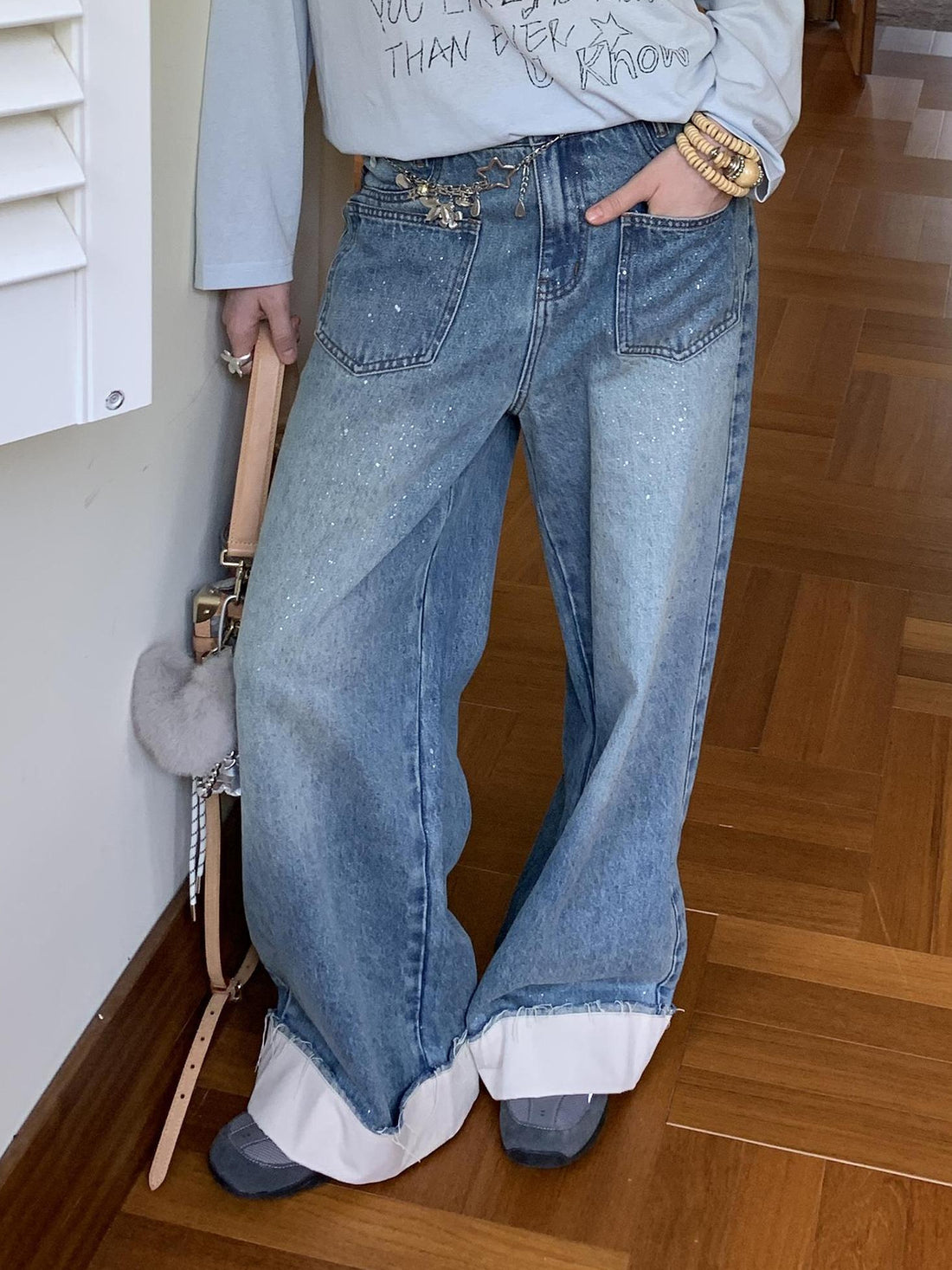DIDDI MODA Silver Frayed Hem Straight Jeans
