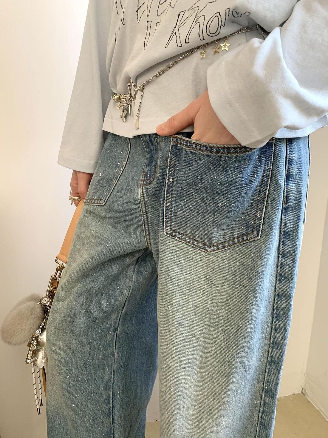 DIDDI MODA Silver Frayed Hem Straight Jeans