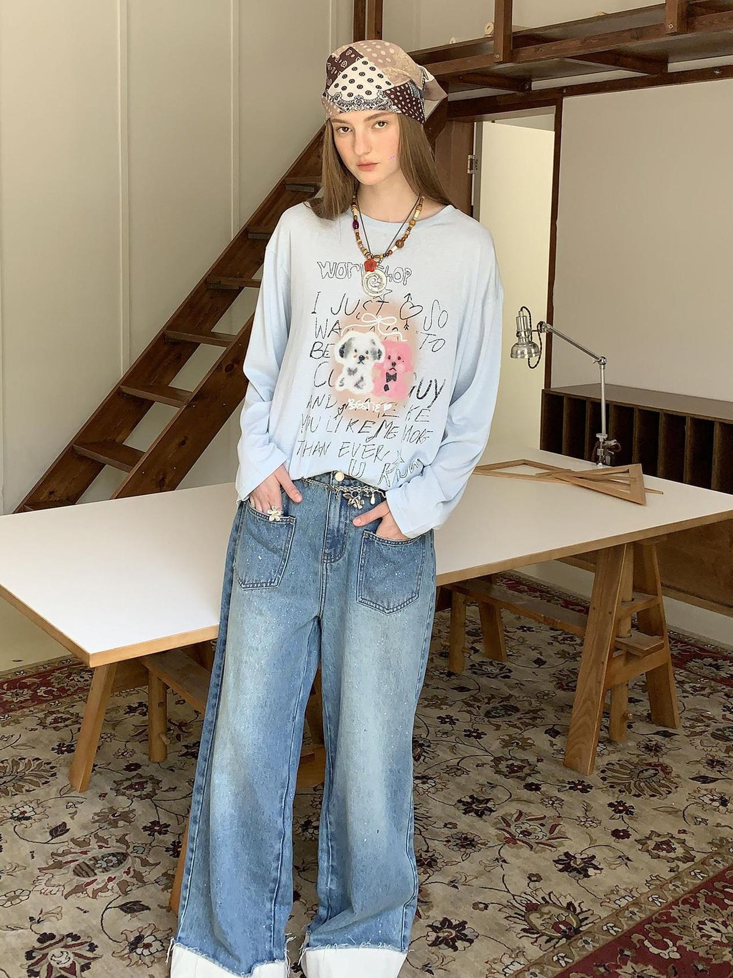 DIDDI MODA Silver Frayed Hem Straight Jeans