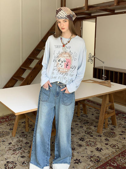 DIDDI MODA Silver Frayed Hem Straight Jeans