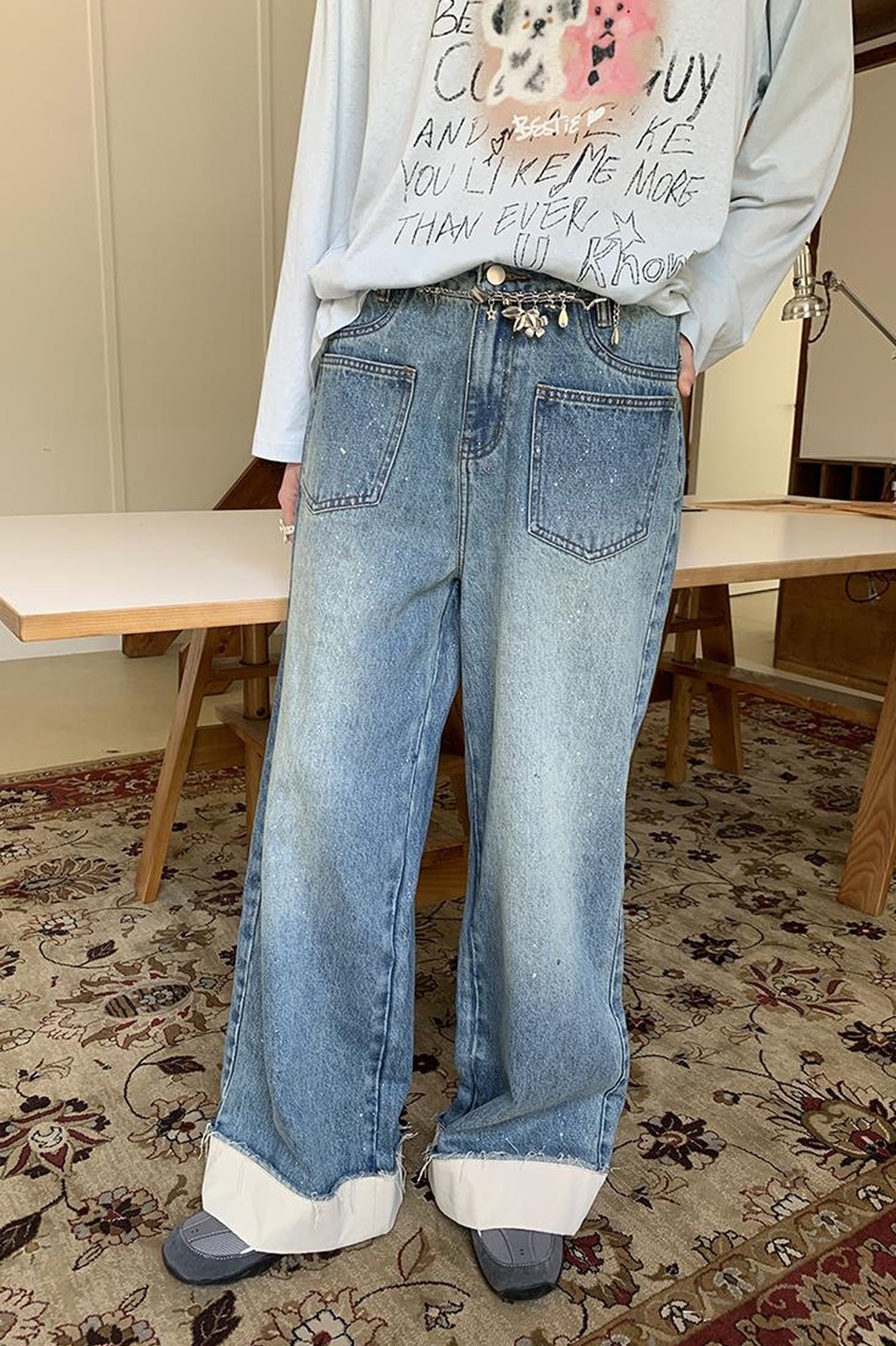 DIDDI MODA Silver Frayed Hem Straight Jeans