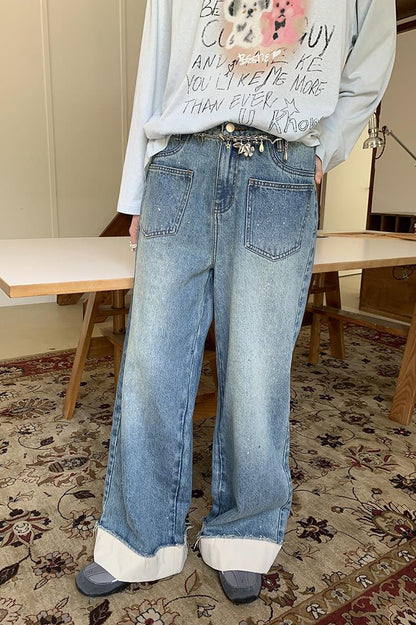 DIDDI MODA Silver Frayed Hem Straight Jeans