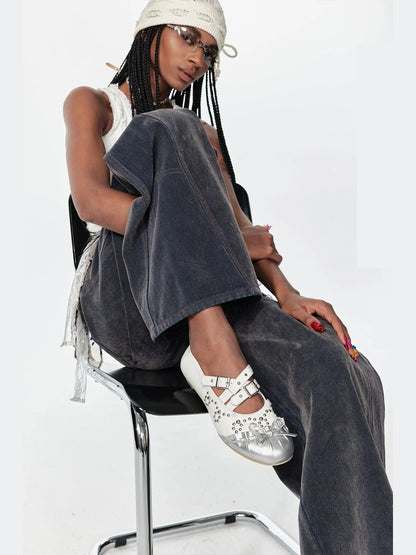 Vintage Bow Mary Jane Ballet Flats With Detachable Sock