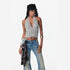 2th Desire Shiny Crinkled Leopard Print Shell Button Off Shoulder Top