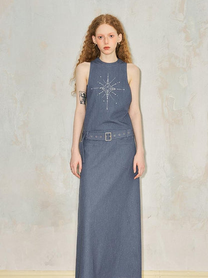 DIDDI MODA Silver Starry Halter Maxi Dress With Metallic Studs