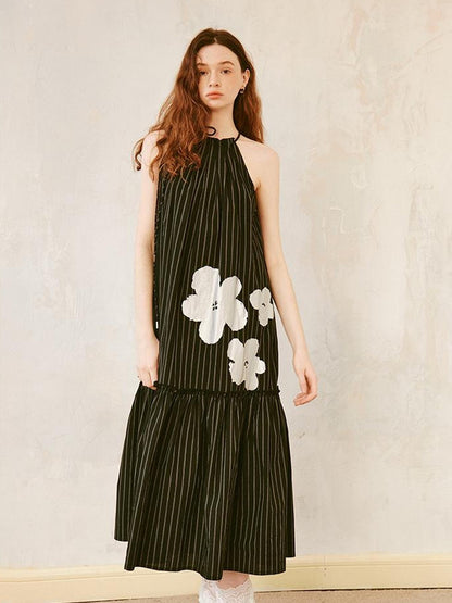 DIDDI MODA Silver Stripe Halter Neck A Line Maxi Dress