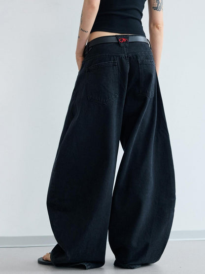 Peoplesense Simple Washed Wide Leg Jeans Relaxed Fit With Curved Hem