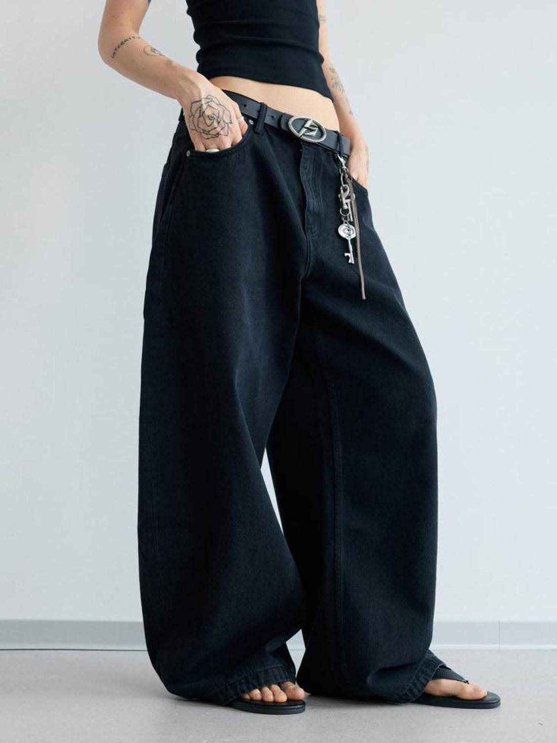 Peoplesense Simple Washed Wide Leg Jeans Relaxed Fit With Curved Hem