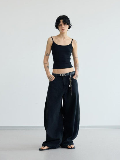 Peoplesense Simple Washed Wide Leg Jeans Relaxed Fit With Curved Hem