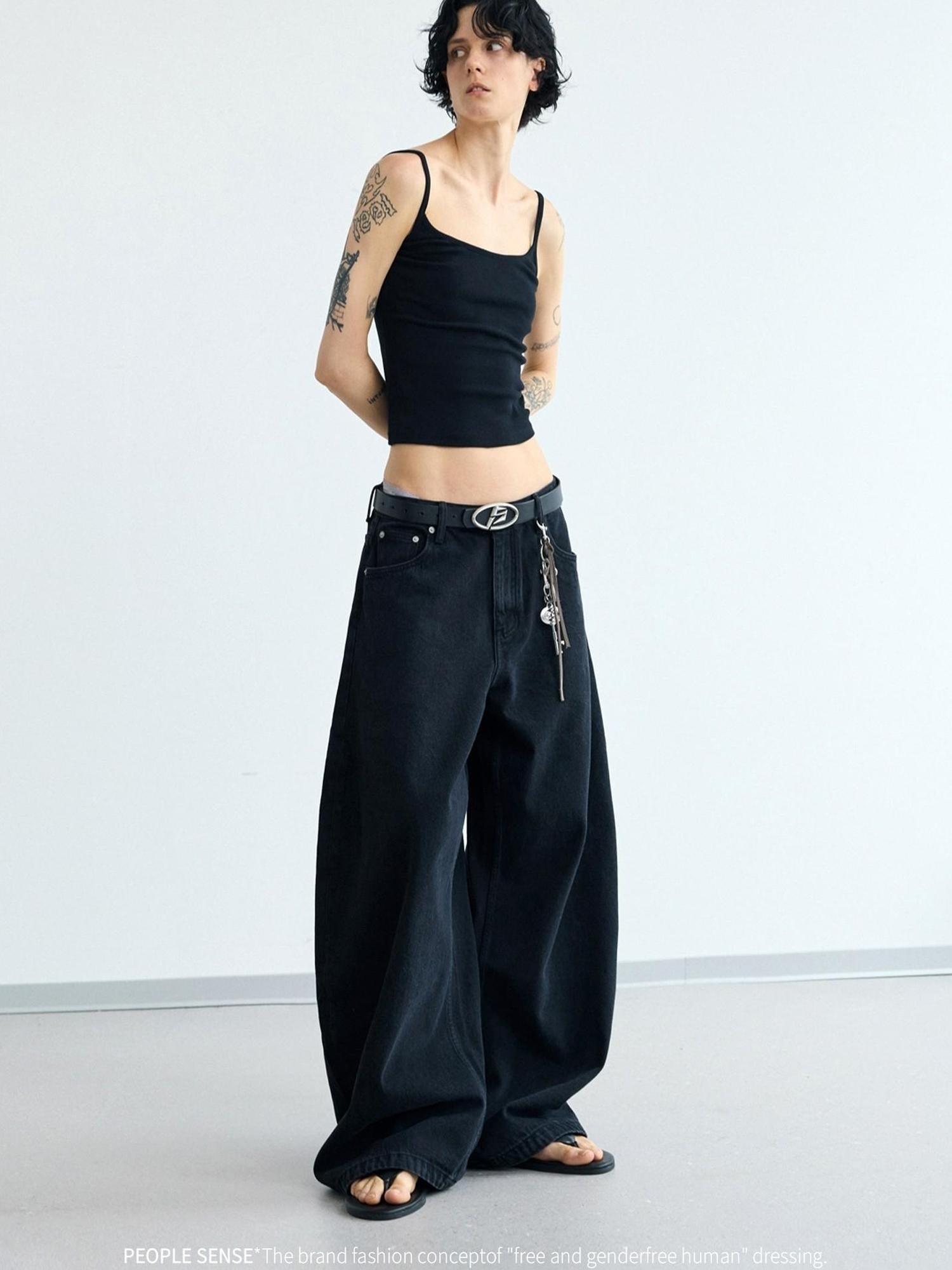 Peoplesense Simple Washed Wide Leg Jeans Relaxed Fit With Curved Hem