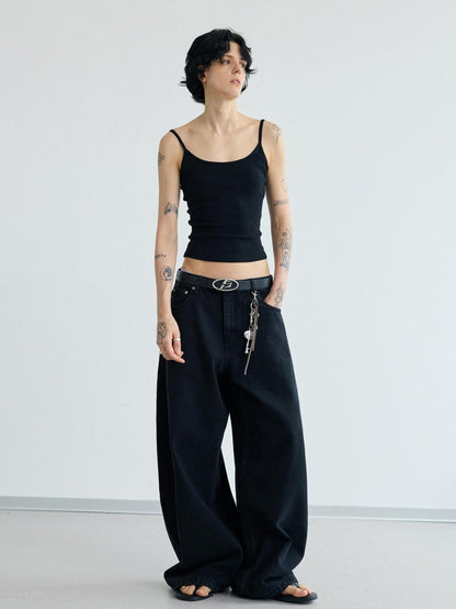 Peoplesense Simple Washed Wide Leg Jeans Relaxed Fit With Curved Hem