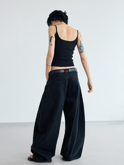 Peoplesense Simple Washed Wide Leg Jeans Relaxed Fit With Curved Hem