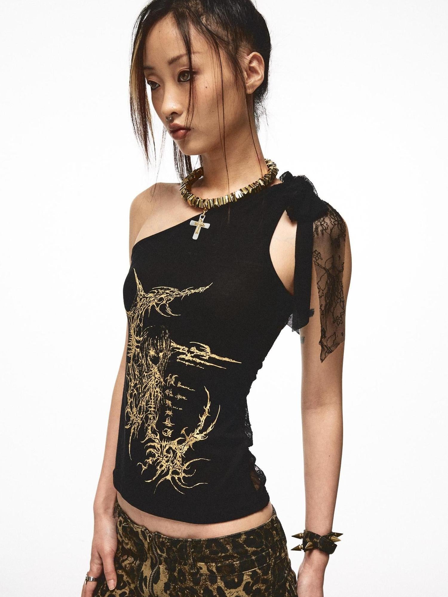 NONAME SPACE Single Shoulder Lace Patch Sheer Stretch Top