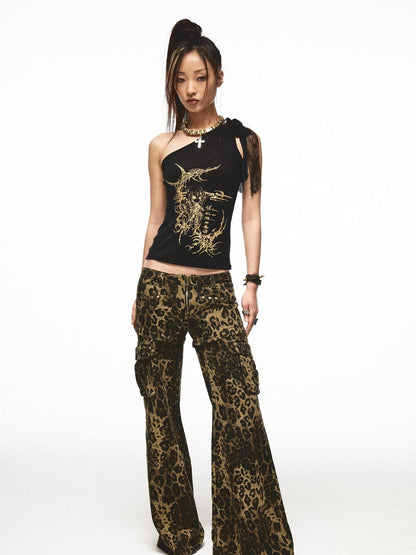 NONAME SPACE Single Shoulder Lace Patch Sheer Stretch Top